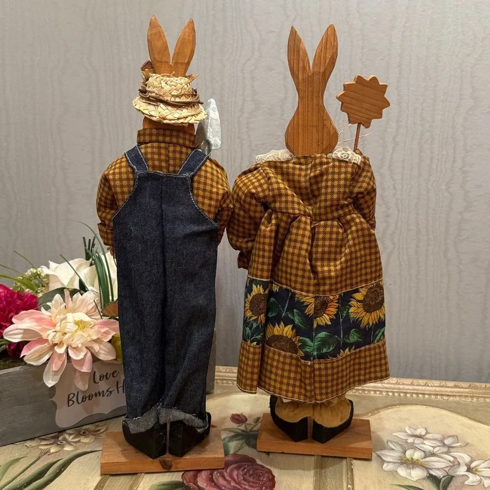 Vintage Wooden Easter Bunny Country Couple Farmers Primitive Country Folk Art